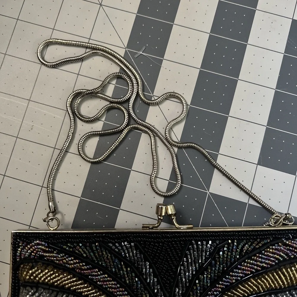 Vintage La Regale Beaded Black Crossbody Bag Evening Purse Chain Strap Handmade
